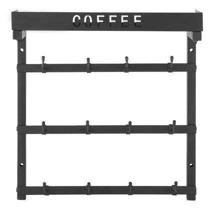 MUG-XM004 - Wall-Mounted Coffee Mug Rack with 12 Hooks and Top Shelf