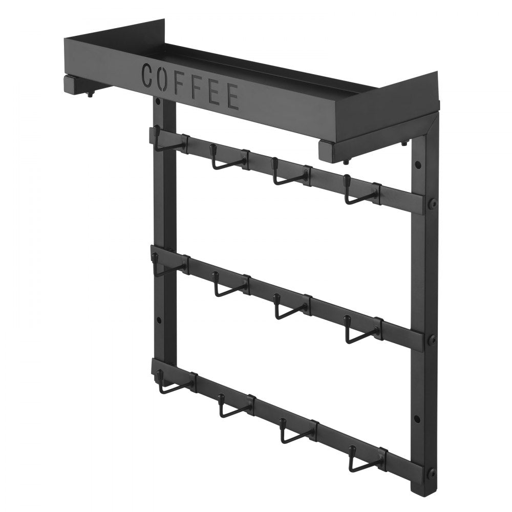 MUG-XM004 - Wall-Mounted Coffee Mug Rack with 12 Hooks and Top Shelf