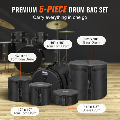 JZGB-01A - Durable 1680D Drum Bag Set with Thick Padding for 5 Drums