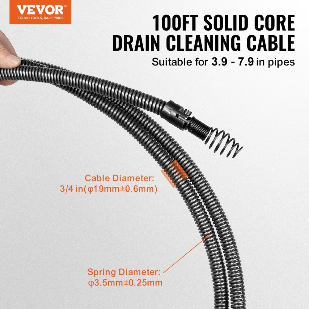 RC-9001C - 100FT Drain Cleaning Cable for Pipes 3.9" to 7.9"