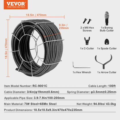 RC-9001C - 100FT Drain Cleaning Cable for Pipes 3.9" to 7.9"