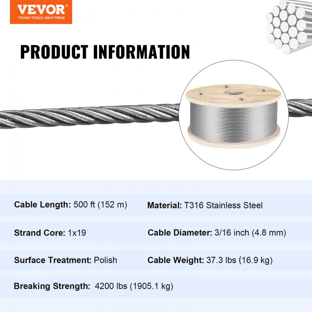 010818351373 - 500' T316 Stainless Steel Wire Rope with 4200 lb Strength