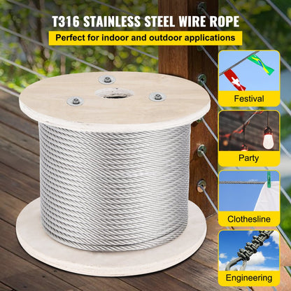 010426663893 - 500FT T316 Stainless Steel Wire Rope, 3300 lbs Strength