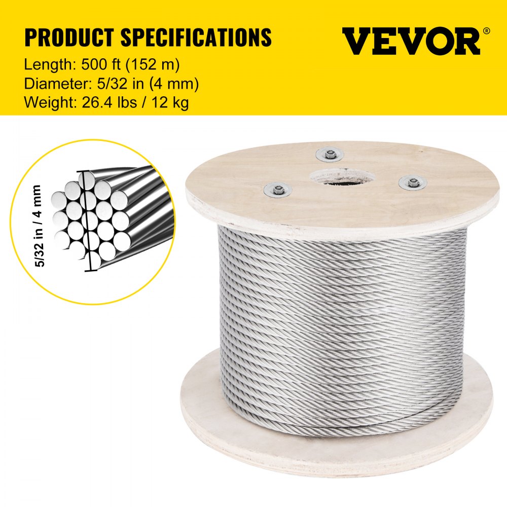 010426663893 - 500FT T316 Stainless Steel Wire Rope, 3300 lbs Strength