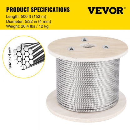 010426663893 - 500FT T316 Stainless Steel Wire Rope, 3300 lbs Strength