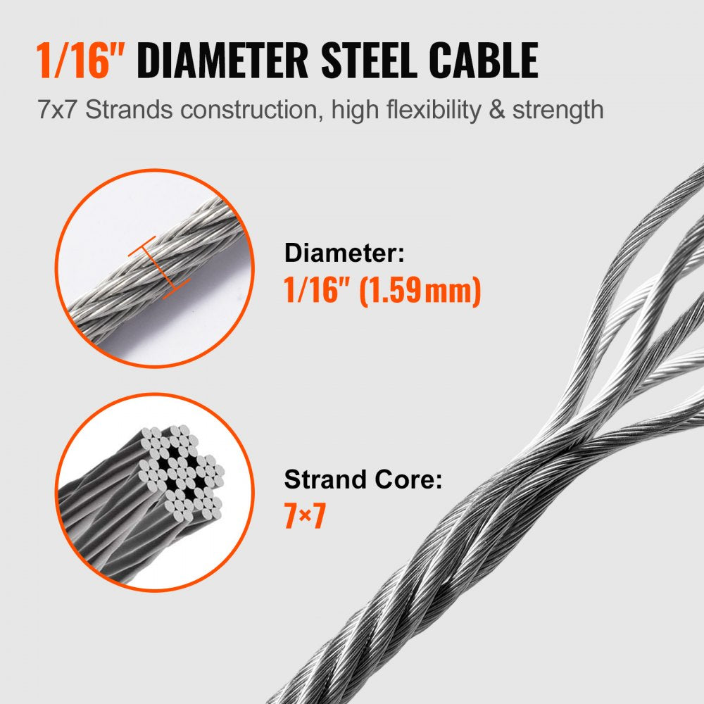 S1/16-328 - 328ft 304 Stainless Steel Wire Rope Kit for Outdoor Use