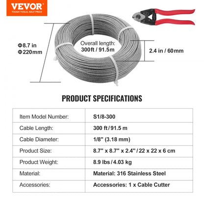 S1/8-300 - 1/8" Stainless Steel Deck Cable for Clear Views, 300 ft