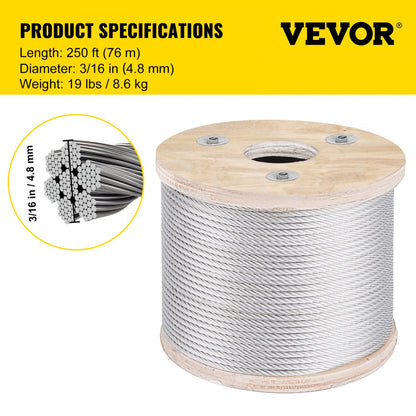 010284938351 - 3/16"x250ft T304 Stainless Steel Cable, 3700lbs Strength