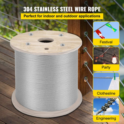 010934543929 - 304 Stainless Steel 1/4" Wire Rope, 200ft, 6400 lbs Strength