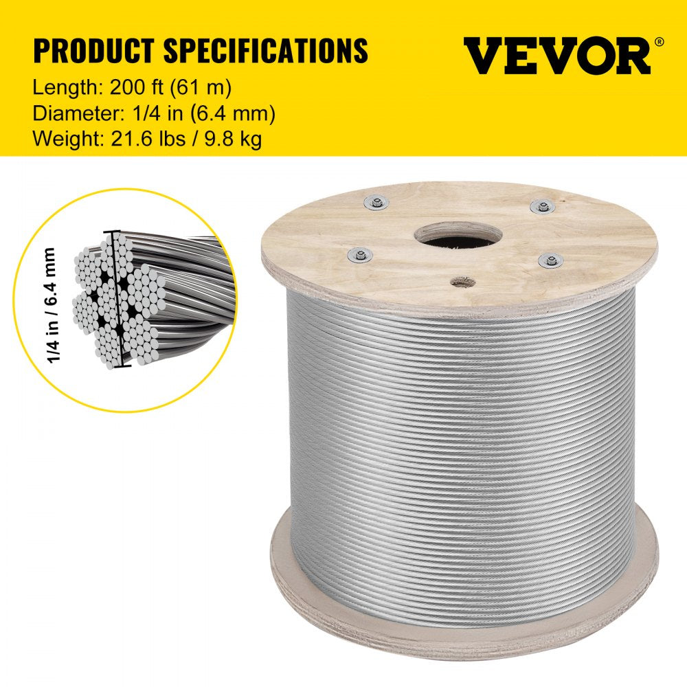 010934543929 - 304 Stainless Steel 1/4" Wire Rope, 200ft, 6400 lbs Strength