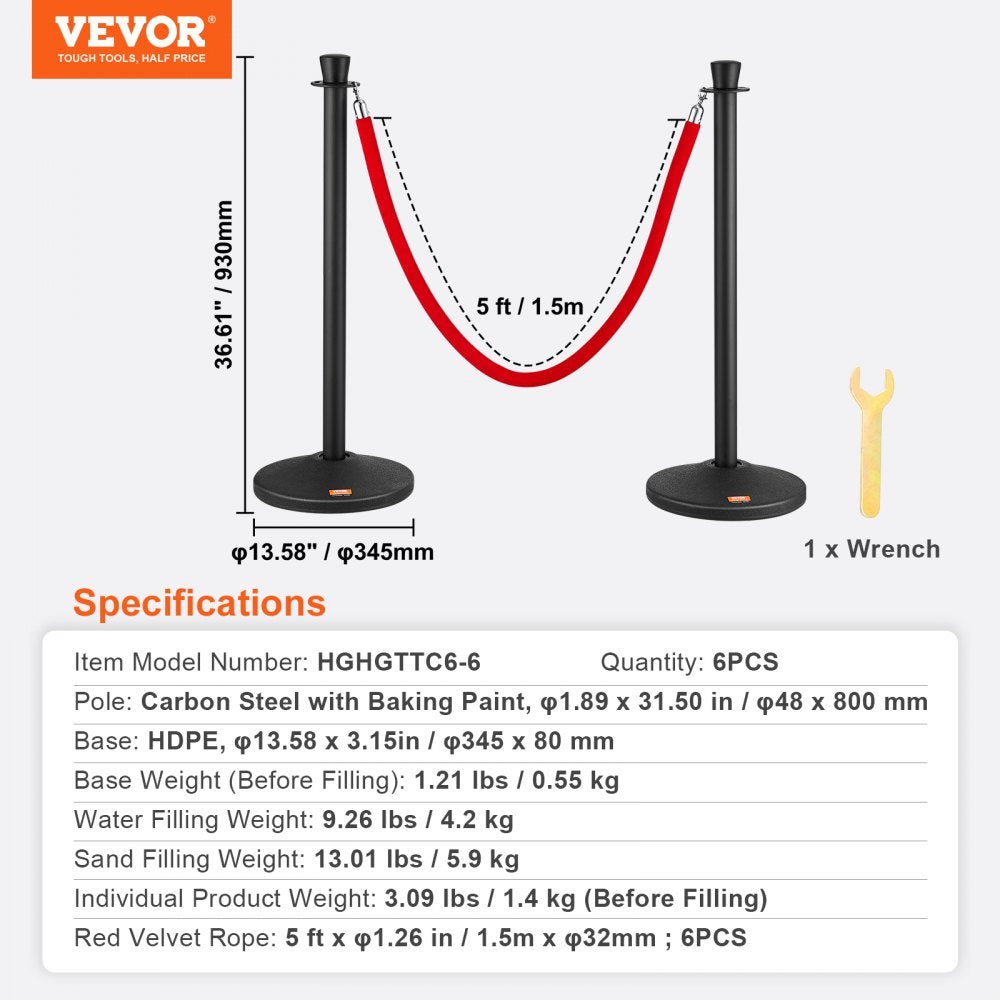 HGHGTTC6-6 - Durable Carbon Steel Stanchion Posts with Fillable Bases, 6-Pack