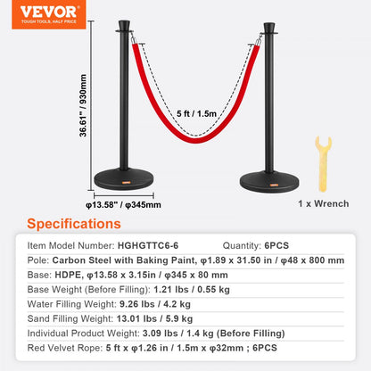 HGHGTTC6-6 - Durable Carbon Steel Stanchion Posts with Fillable Bases, 6-Pack