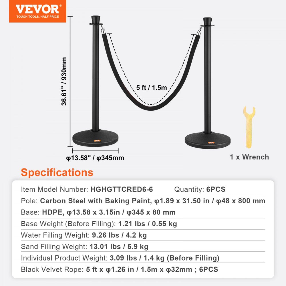 HGHGTTCRED6-6 - Durable Carbon Steel Stanchion with Black Velvet Rope, 6-Pack