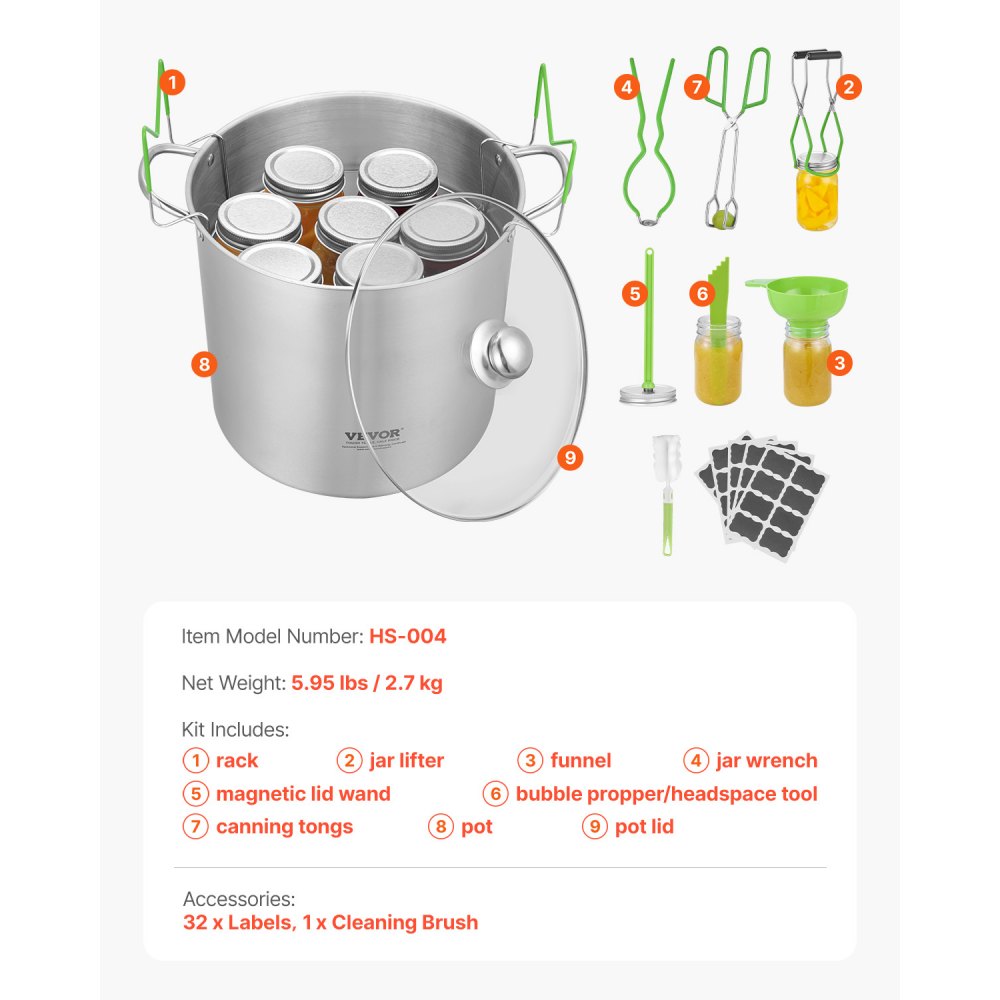 HS-004 - Essential 9-Piece Stainless Steel Canning Kit for Home Cooks
