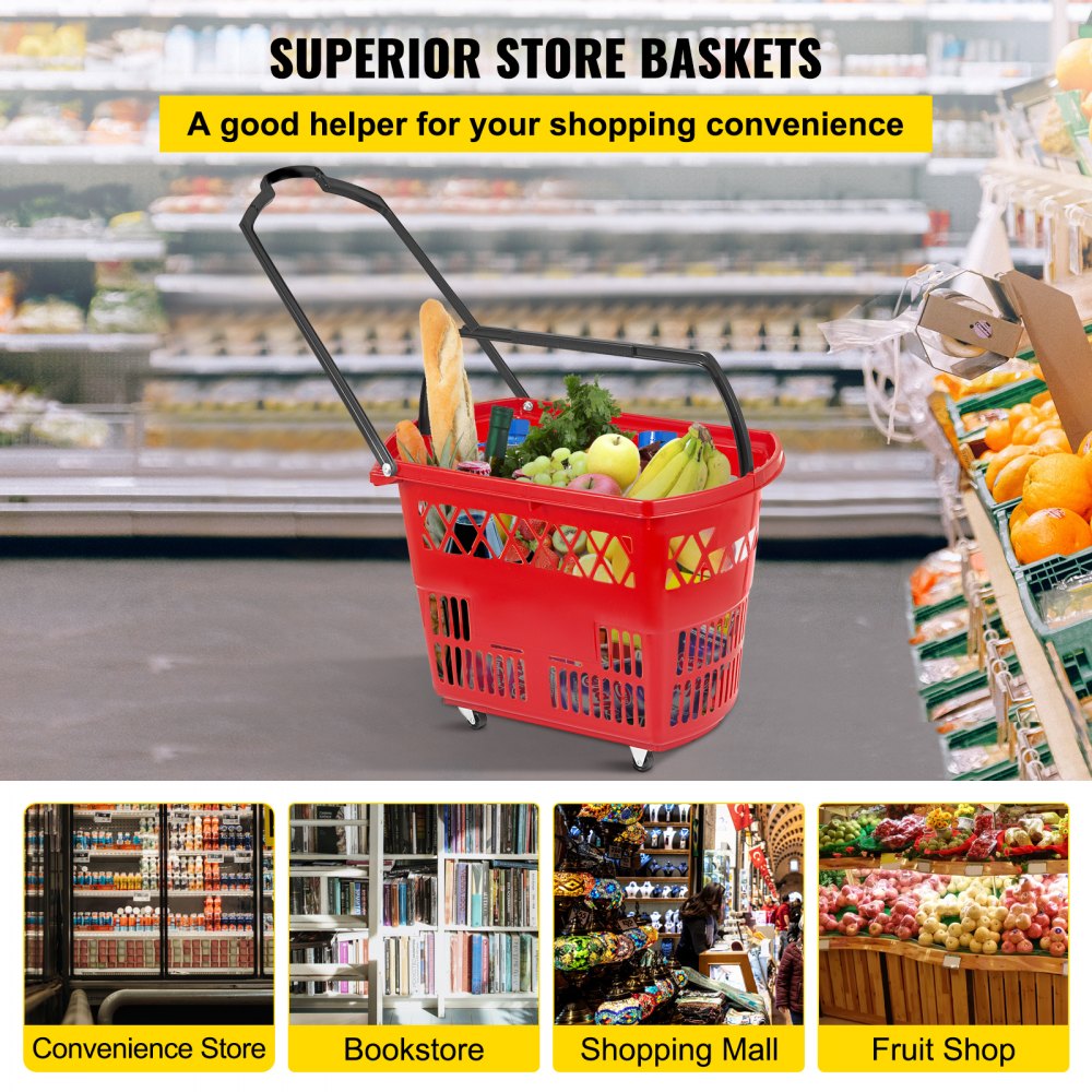 Red Shopping Basket - Durable 75lbs Capacity Baskets with Handles and Wheels