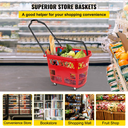 Red Shopping Basket - Durable 75lbs Capacity Baskets with Handles and Wheels