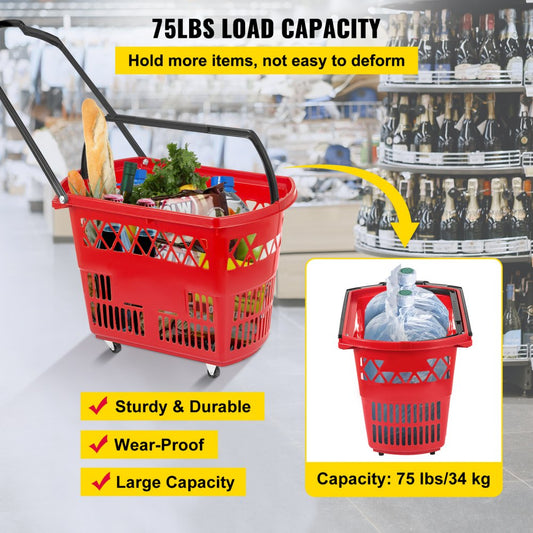 Red Shopping Basket - Durable 75lbs Capacity Baskets with Handles and Wheels