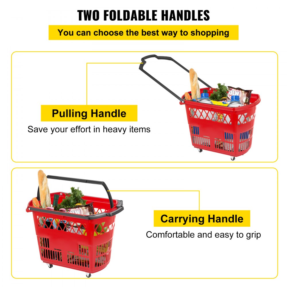 Red Shopping Basket - Durable 75lbs Capacity Baskets with Handles and Wheels