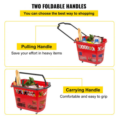 Red Shopping Basket - Durable 75lbs Capacity Baskets with Handles and Wheels