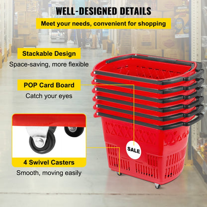 Red Shopping Basket - Durable 75lbs Capacity Baskets with Handles and Wheels