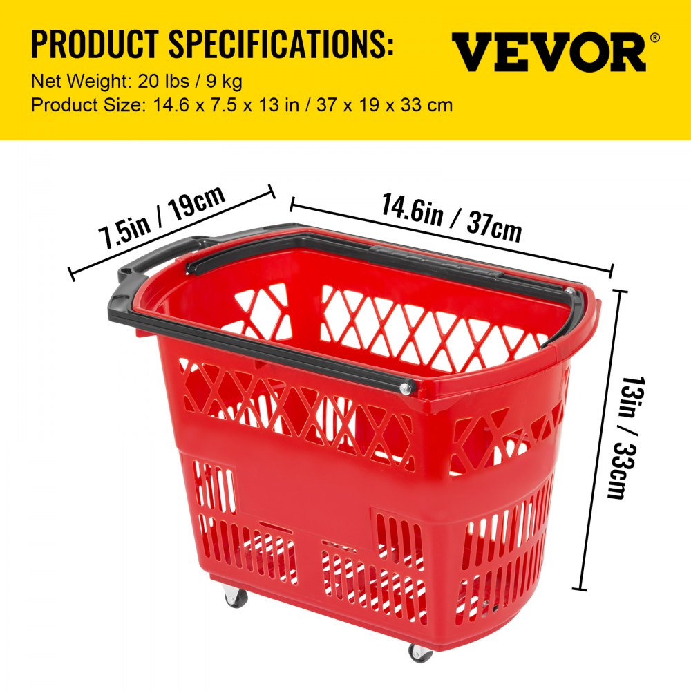 Red Shopping Basket - Durable 75lbs Capacity Baskets with Handles and Wheels