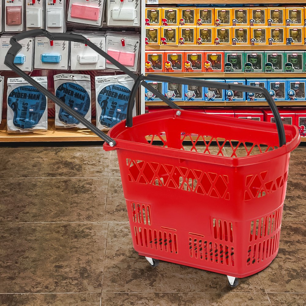 Red Shopping Basket - Durable 75lbs Capacity Baskets with Handles and Wheels