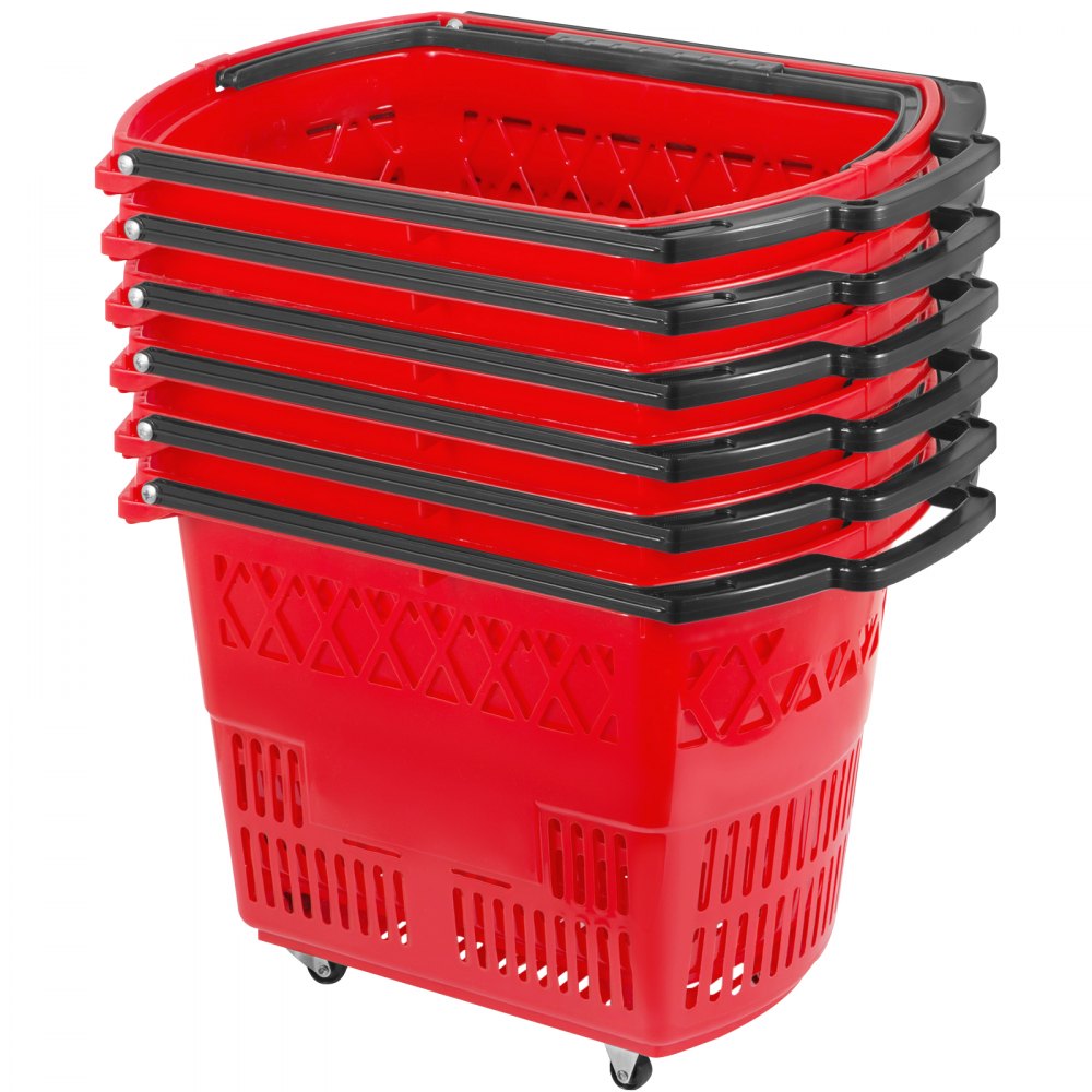 Red Shopping Basket - Durable 75lbs Capacity Baskets with Handles and Wheels