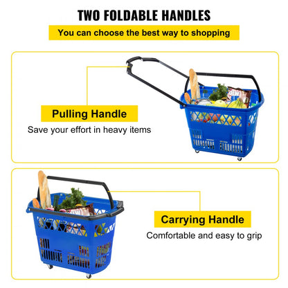 Blue Shopping Basket - 6PCS: 75 lbs Capacity, Rolling Handle Baskets