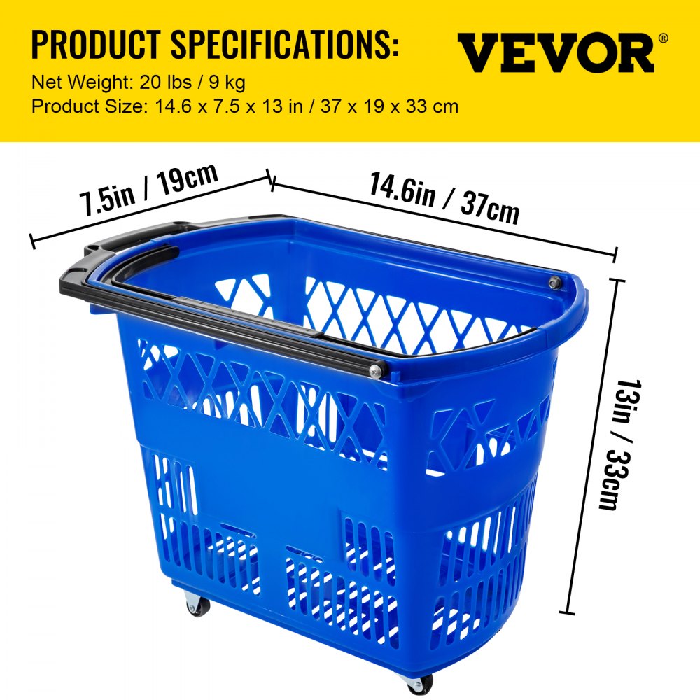 Blue Shopping Basket - 6PCS: 75 lbs Capacity, Rolling Handle Baskets