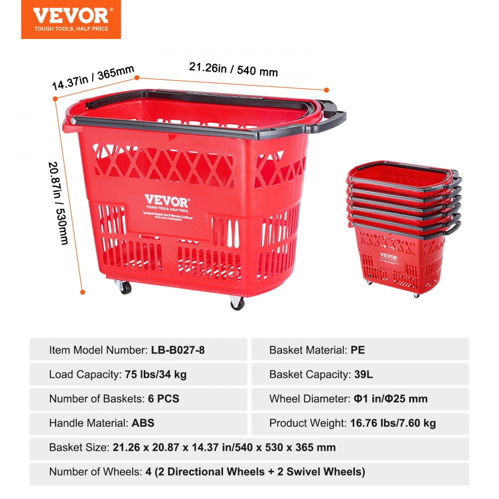 LB-B027-8 - Sturdy 39L Rolling Shopping Trolley with 6 Baskets