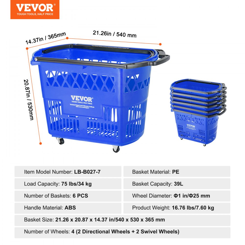 LB-B027-7 - 39L VEVOR Trolley Basket with Rolling Swivel Wheels