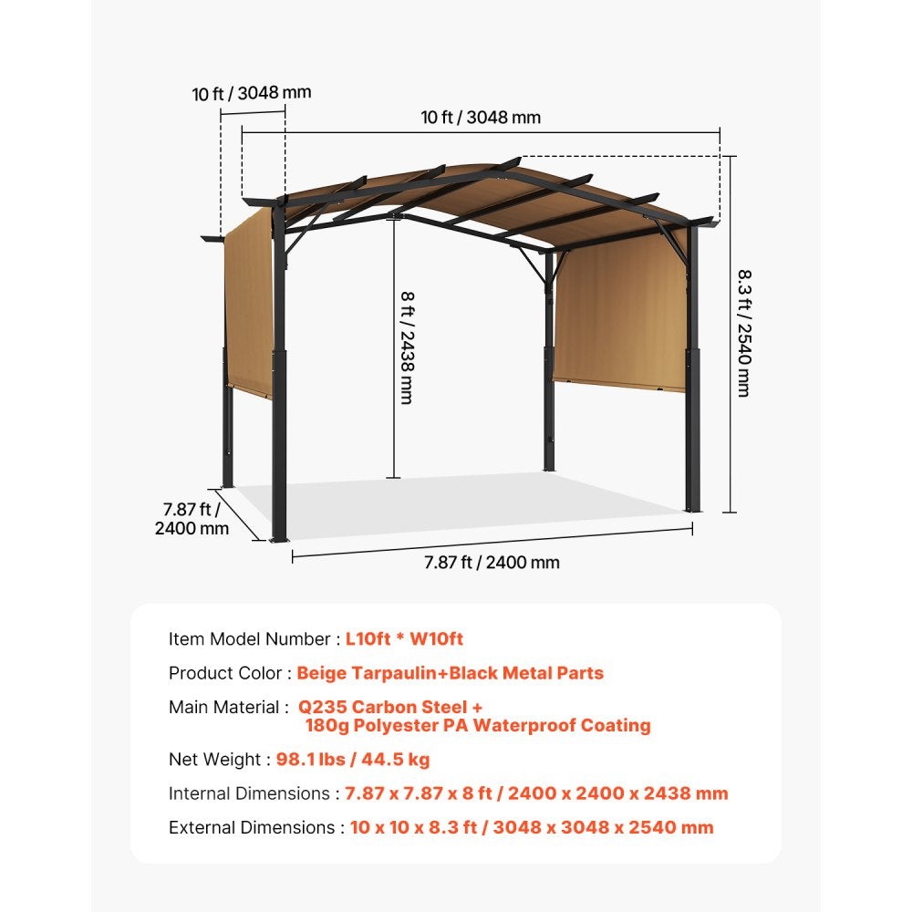 L10ft*W10ft - 10x10 ft Steel Frame Outdoor Pergola with Waterproof Canopy