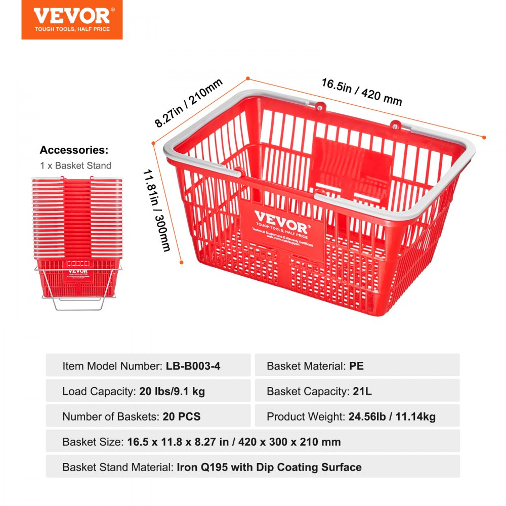 LB-B003-4 - 21L Portable Grocery Basket, 16.5"x11.8"x8.27" for Shopping