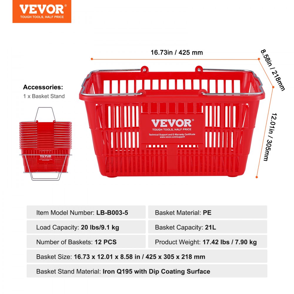 LB-B003-5 - Durable 21L VEVOR Shopping Basket, 16.73 x 12.01 x 8.58 in