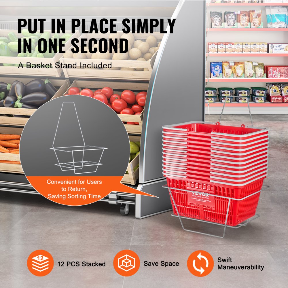 LB-B003-3 - Set of 12 Red 21L Grocery Baskets, 16.5'' x 11.8'' x 8.27''