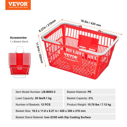 LB-B003-3 - Set of 12 Red 21L Grocery Baskets, 16.5'' x 11.8'' x 8.27''