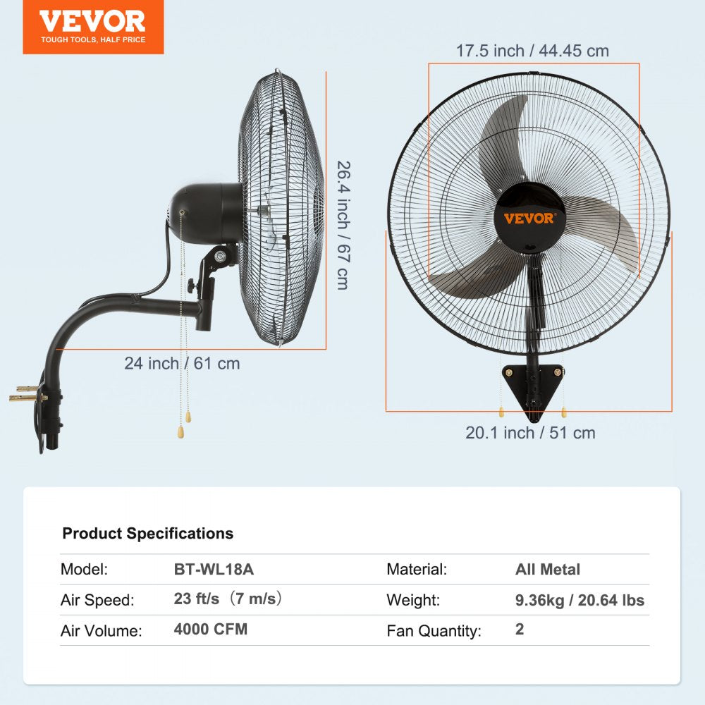 BT-WL18A - 18" VEVOR Wall Mount Fan for Indoor & Outdoor Airflow