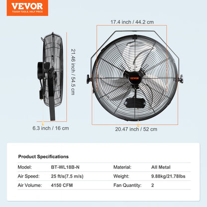 BT-WL18B-N - 18-Inch High-Velocity Wall Fan with 3 Speed Settings