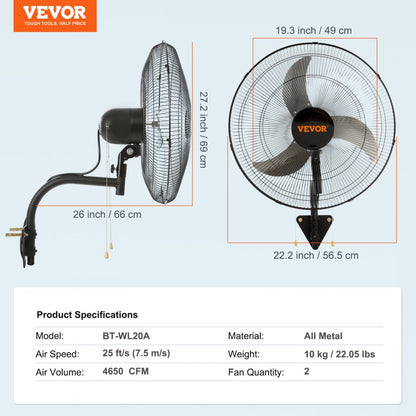 BT-WL20A - 20" Quiet Wall Mount Fan with 3 Speed Settings