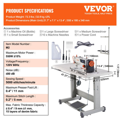 M2 - 550W VEVOR Heavy-Duty Sewing Machine, 0.4" Thickness, 5000 SPM