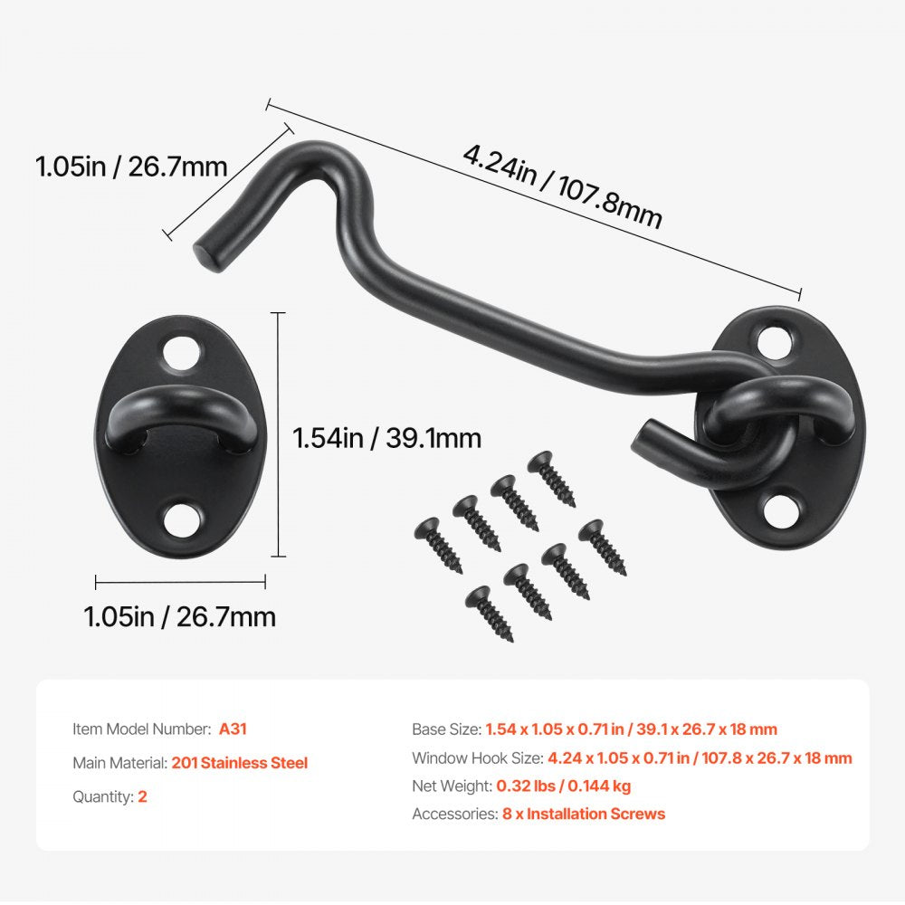 A31 - Durable Stainless Steel Hook and Eye Gate Latch with Screws