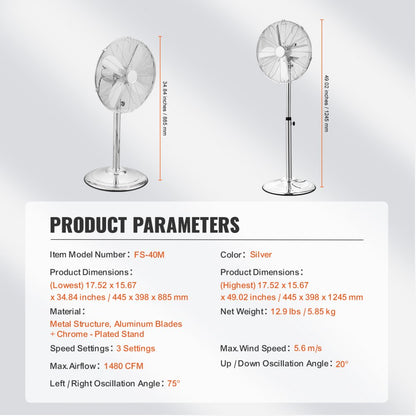 FS40-C1 - 16" Adjustable Metal Pedestal Fan with 3 Speeds