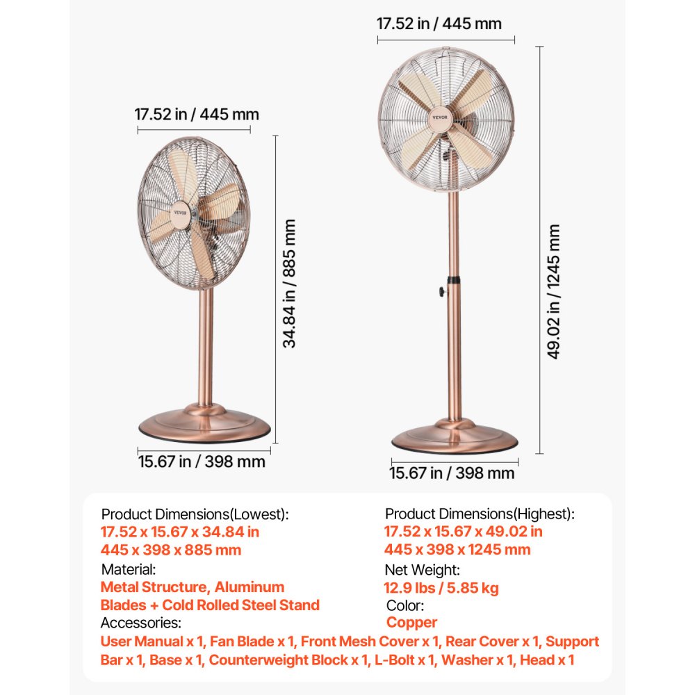 FS40-C1 - 16" Metal Oscillating Pedestal Fan with Adjustable Height