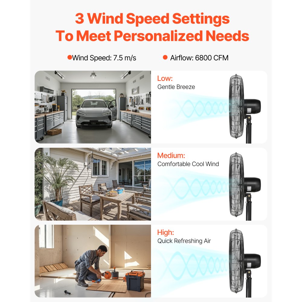 BT-HIF24B - 24" Adjustable Metal Oscillating Fan with 3-Speed Quiet Motor