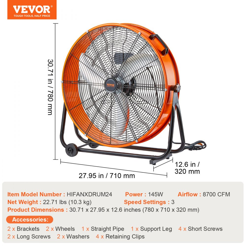 HIFANXDRUM24 - 24-Inch High Velocity Industrial Fan with 3 Speed Settings