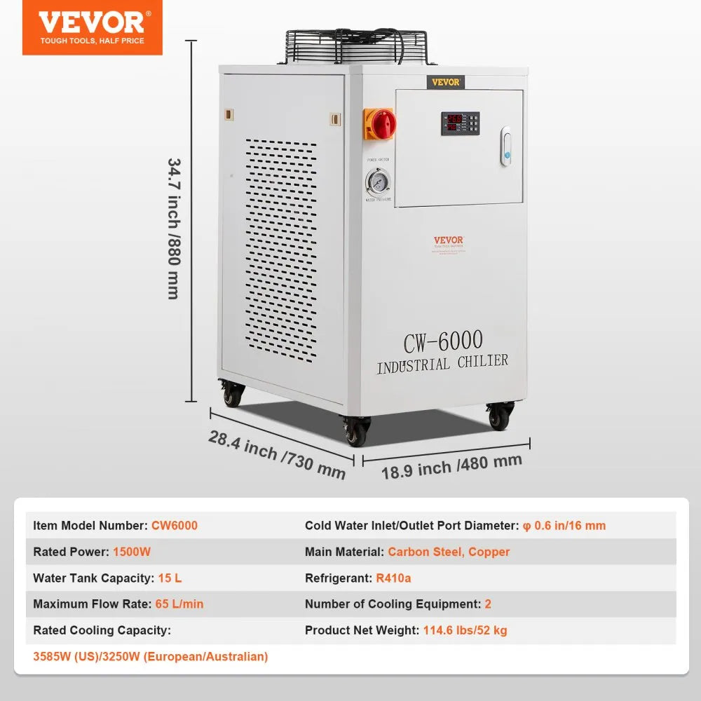 CW6000 - 1500W Industrial Water Chiller for Laser Cooling, Fast Temp Control