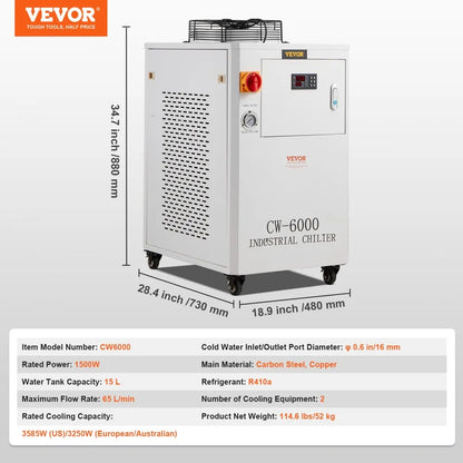 CW6000 - 1500W Industrial Water Chiller for Laser Cooling, Fast Temp Control