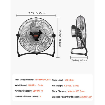 HIFANXFLOOR14 - 14" High-Speed Fan with 2560 CFM Airflow and Adjustable Tilt