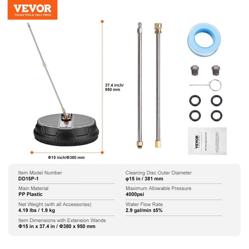 DD15P-1 - 15" VEVOR Pressure Washer Surface Cleaner, 4000 PSI, Lightweight Design