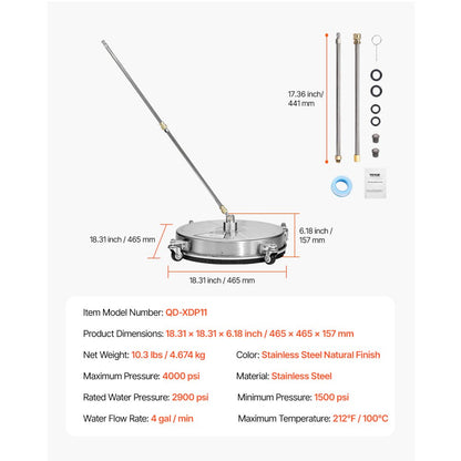 QD-XDP11 - 18" Pressure Washer Surface Cleaner, 4000 PSI, Effortless 360° Cleaning